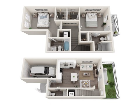 Floor plan for 2 beds, 2.5 baths, 1029 sqft